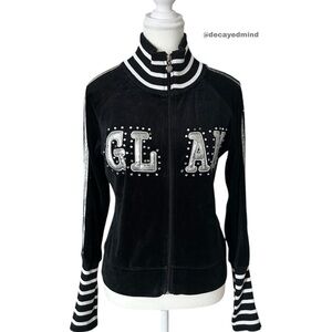 Y2K “Glam” Black/White Stripe Graphic Rhinestone Velour Zip-up Top